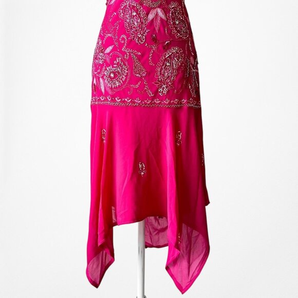 Vintage Pink Floral Beaded Midi Babydoll Bodycon Cocktail Dress Size L - Picture 8 of 11